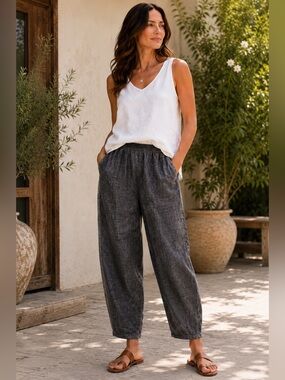Eileen Fisher Heather Charcoal Organic Linen Pull-On Lantern Pants EUC L #2612